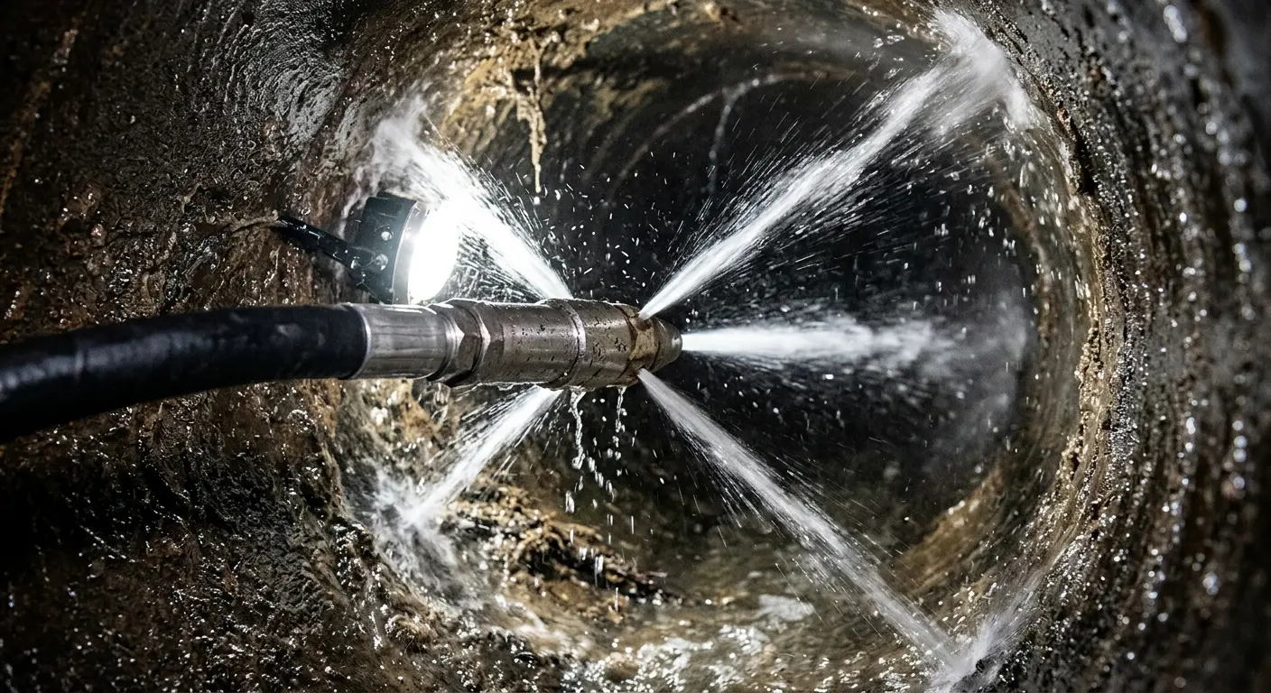 High-pressure hydro jetting nozzle cleaning sewer pipe for Trenchless Sewer Repair in Emmett